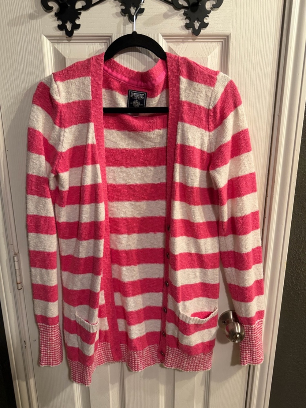 2000s Pink and White Striped Open-Front Women's Cardigan Sweater